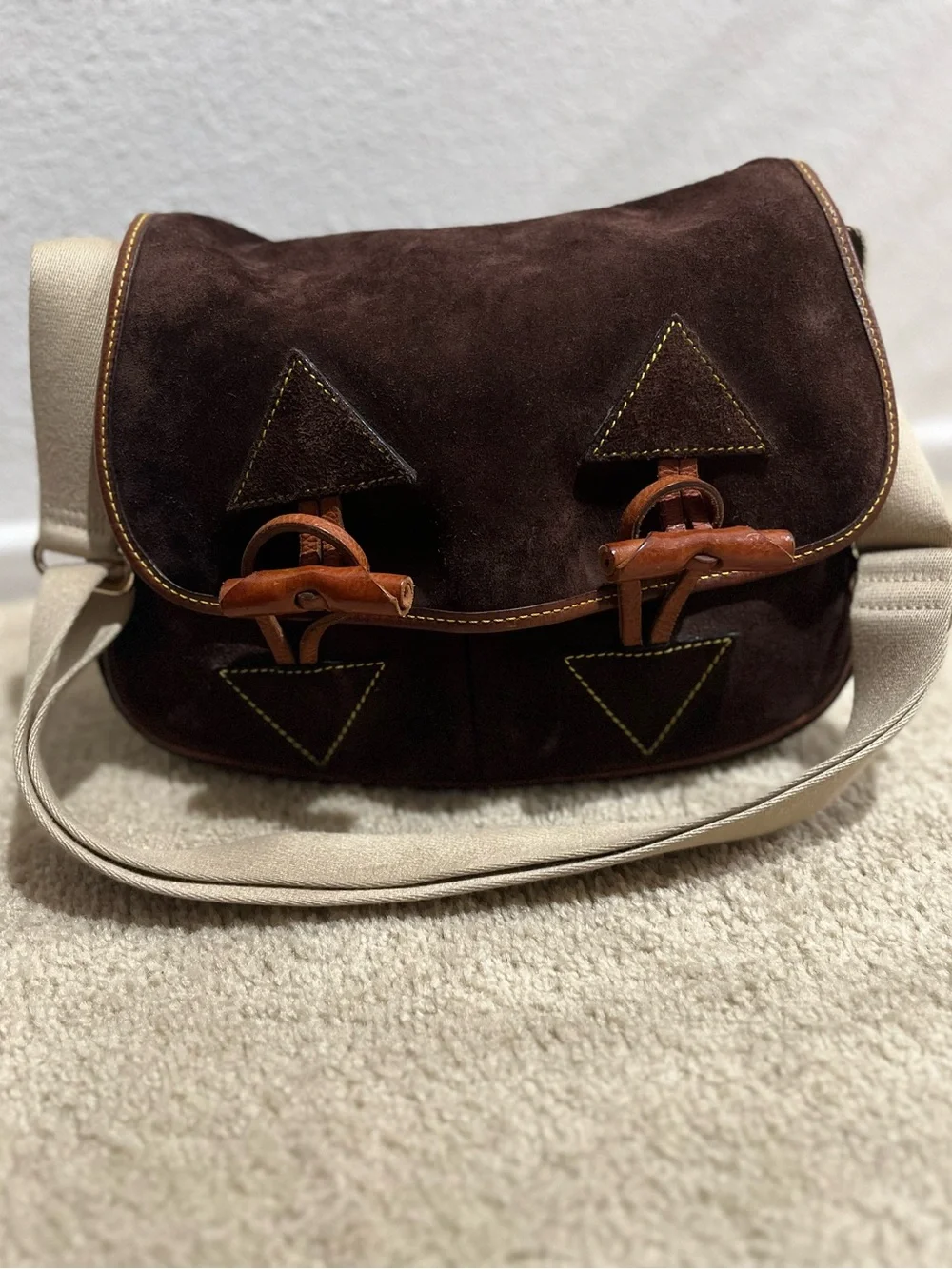 Vintage Dooney & Bourke Dark Brown Suede Crossbody with Tan Leather Accents - Picture 2 of 16